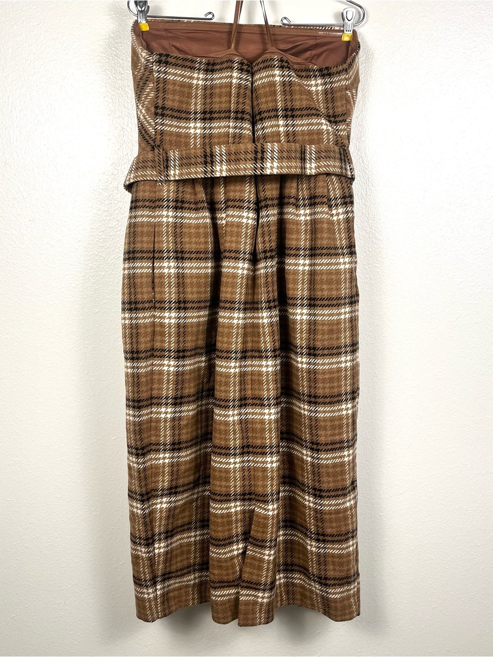 NWT Anthropologie Brown Plaid Wool Belted Strapless Midi Dress Size 16 - Picture 7 of 8